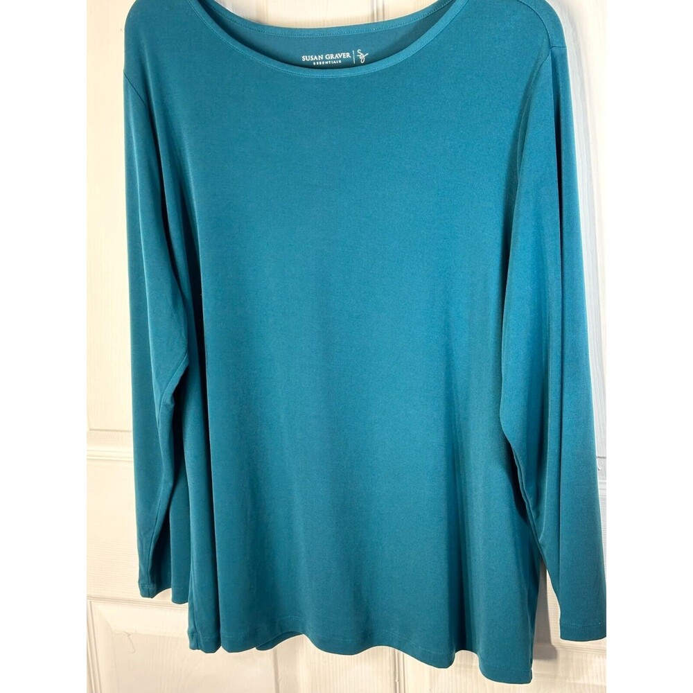 Susan Graver Tunic Women's 1X Teal Liquid Knit Long Sleeved Round Neck Easy Care